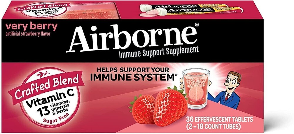 Very Berry Airborne Immune Support 36 Effervescent Tablet Vitamin C 1000mg 12/25