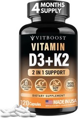 VITBOOST Vitamin D3 K2 Complex – Easy to Swallow | Gluten-Free | USA Made 120CAP