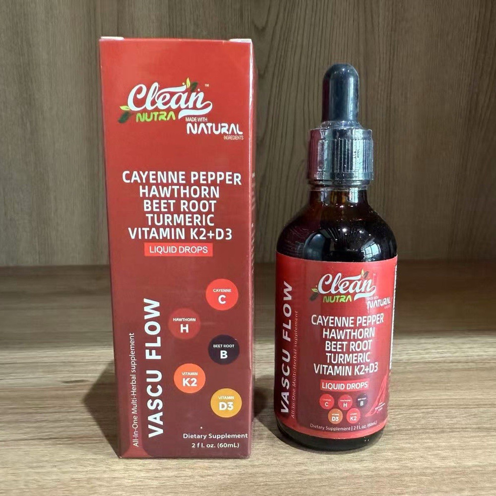 Clean Nutra Vascu Flow Liquid Drops Cayenne Hawthorn Beet Vitamin K2+D3 2 oz