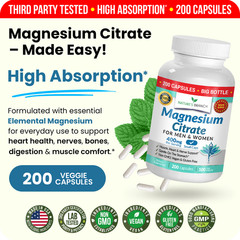 BEST MAGNESIUM CITRATE 400 MG – 200 CAPSULES – HIGH ABSORPTION PURE MADE IN USA