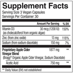 Premium Bragg Apple Cider Vinegar Vitamin D3 Zinc Immune Weight Management 90 Ca