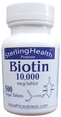 Biotin 10000 mcg, 500 tablet bottle, or 1 (one) tablet sample pack, biotin 10mg