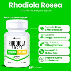 Healthfare Rhodiola Rosea Capsules 1000mg Equivalent | 90 Vegan Capsules