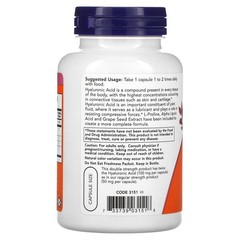 Now Foods Hyaluronic Acid Double Strength 100 mg 120 Veg Capsules GMP Quality